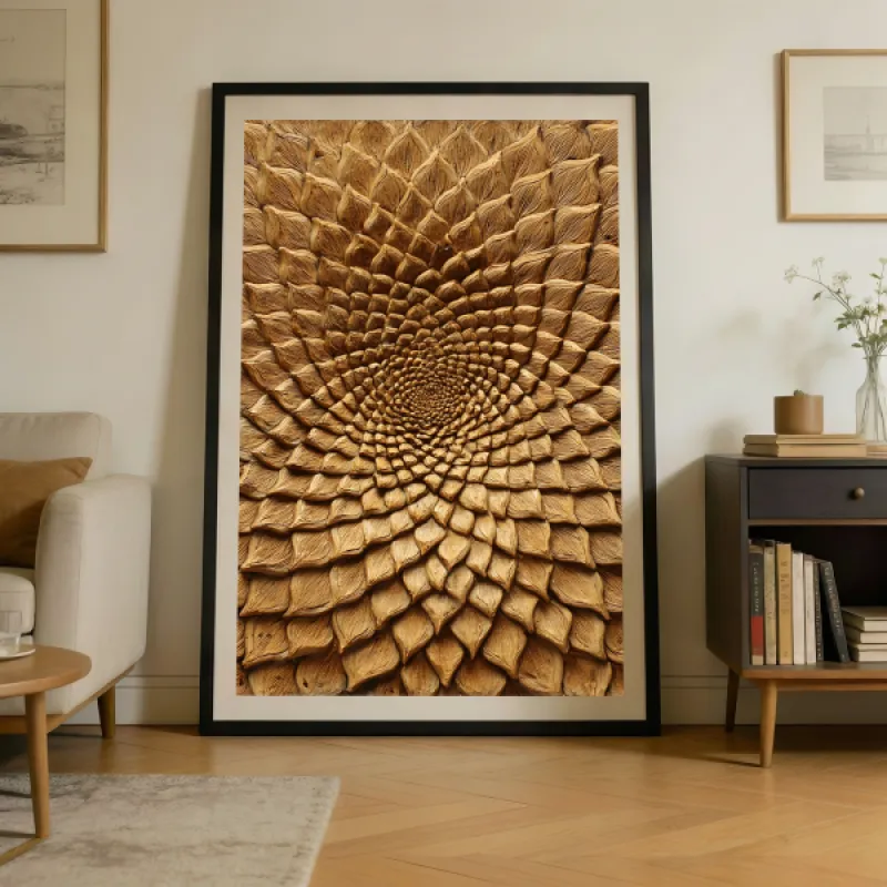 Close-up of a spiral floral relief carving in warm wood-toned earth tones with detailed petal shapes.