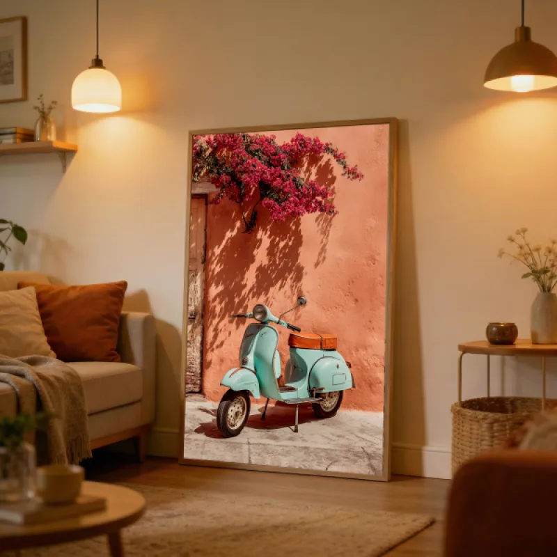 Mintgroene vintage Vespa scooter voor een terracotta muur met roze bougainvillea en schaduwspel.