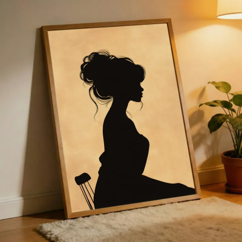 Black silhouette of a seated woman with an updo hairstyle against a warm golden ochre background.