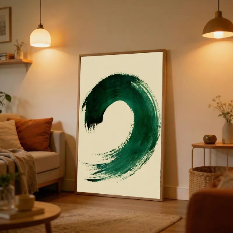 Large abstract brushstroke in deep green forming a circular sweep on a warm cream background.