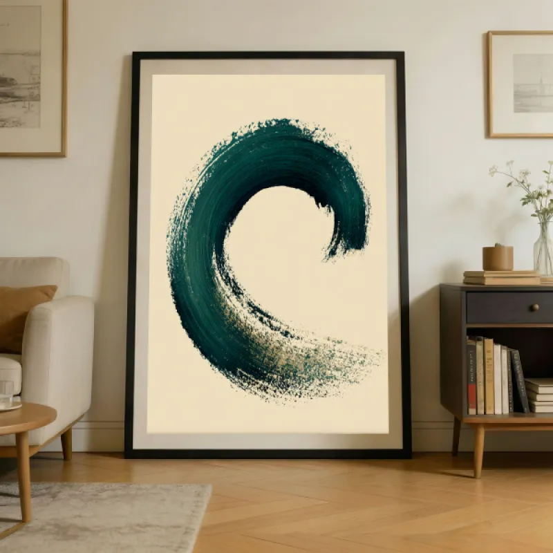 Abstract circular brushstroke in deep teal on an ivory background, resembling a stylised wave.
