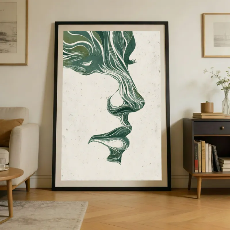 Side profile of a woman's face formed by flowing green lines on a textured off-white background.
