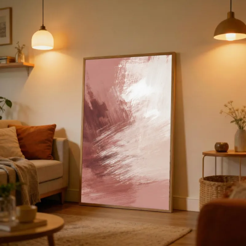 Abstract print with expressive brushstrokes in blush pink, terracotta, and off-white.