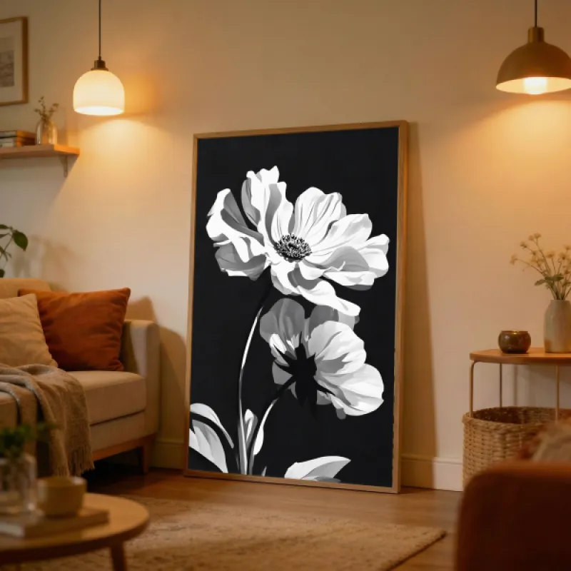Black and white illustration of two large open flowers with leaves on a dark background.