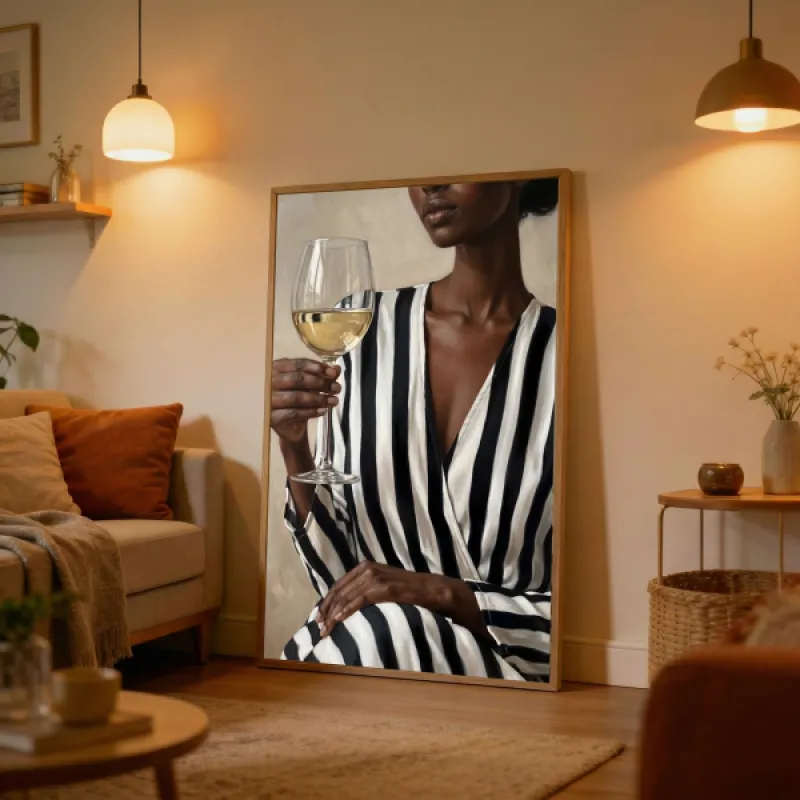 Painting of a woman in a black and white striped dress holding a glass of white wine, warm neutral background.