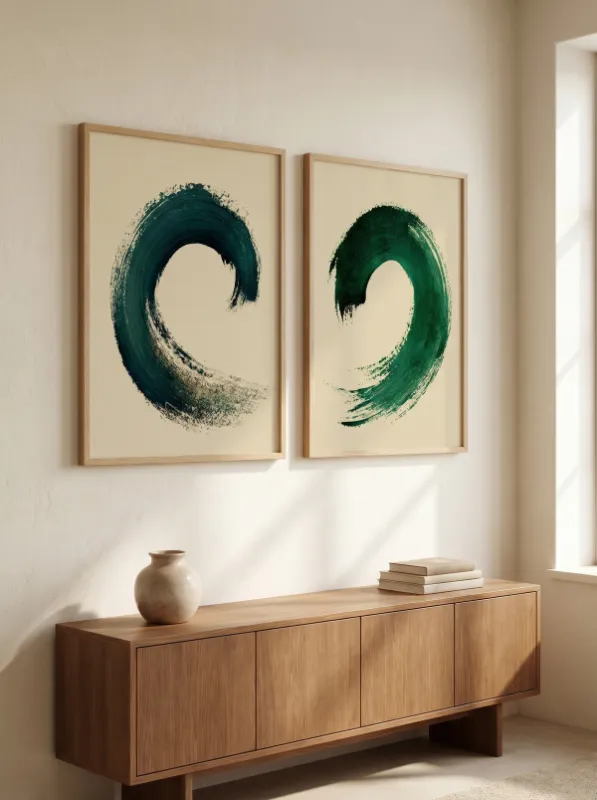 Teal golf enso-geïnspireerde penseelstreek abstract op crème achtergrond
