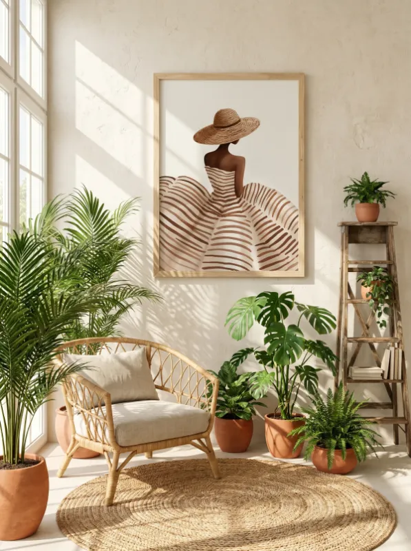 Illustration of a woman seen from behind in a wide striped gown and broad-brimmed straw hat on a light background.