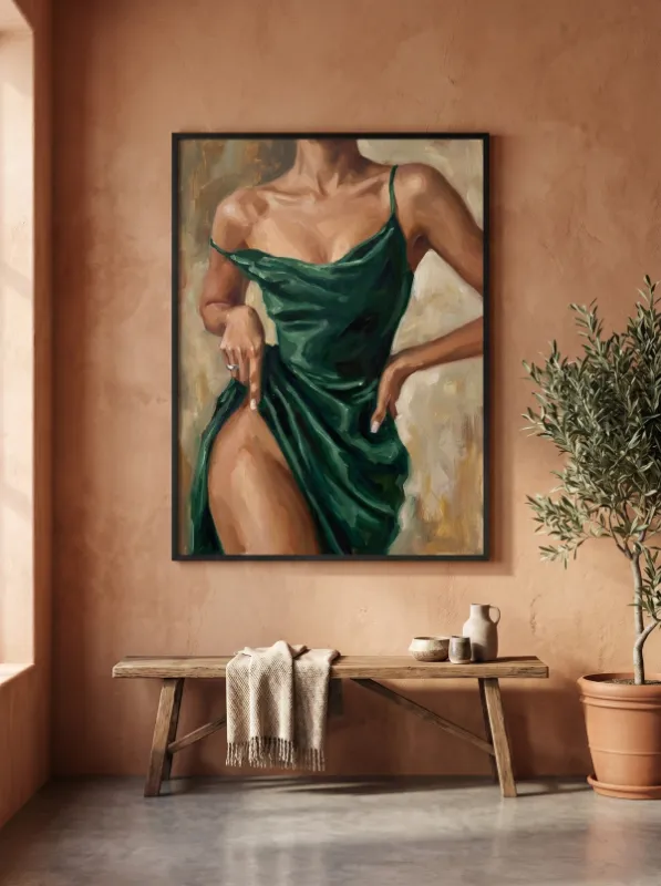 Oil painting of woman in emerald green silk draped dress with expressive brushwork on golden beige background
