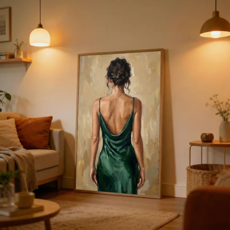 Painting of a woman seen from behind in a backless green dress with a pearl necklace and an updo.
