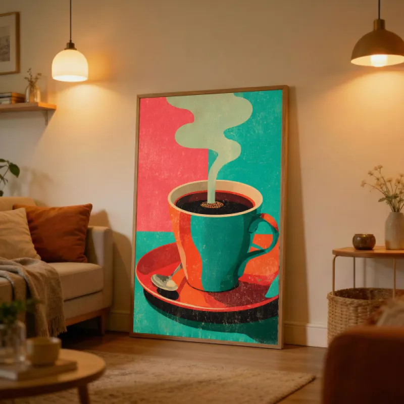 Retro illustratie van een stomende koffiekop op schotel met lepel, in teal, rood en oranje tinten.