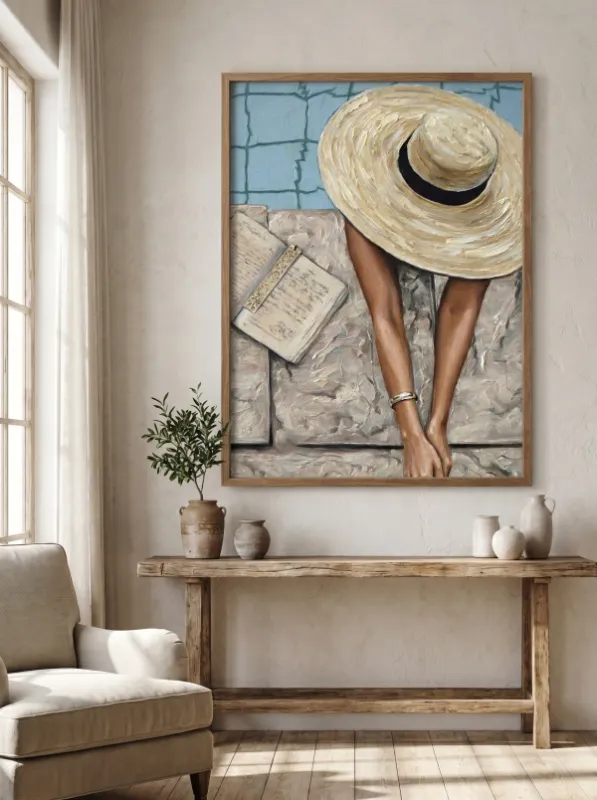 Painting of a woman in a straw hat with an open book sitting by a pool, viewed from above.