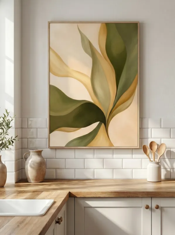 Close-up of large flowing leaf forms in olive green and golden ochre on a soft cream background.