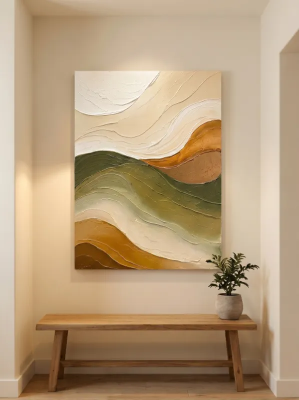 Abstract art print with layered flowing waves in olive green, ochre, terracotta and cream on a textured surface.