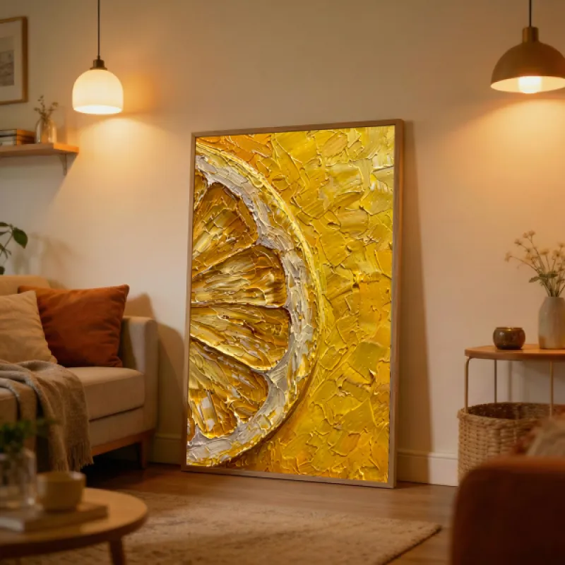 Close-up painting of a halved lemon in thick textured yellow and amber impasto paint strokes.