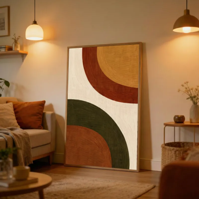 Abstract poster with large rounded shapes in terracotta, ochre yellow and olive green on a cream white background.