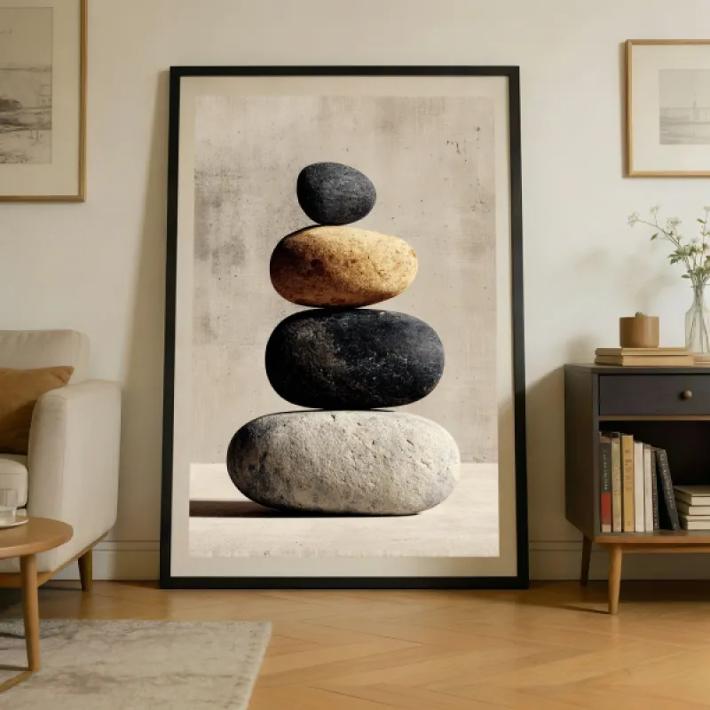 Four stacked river stones in grey, beige and black against a textured beige concrete background.