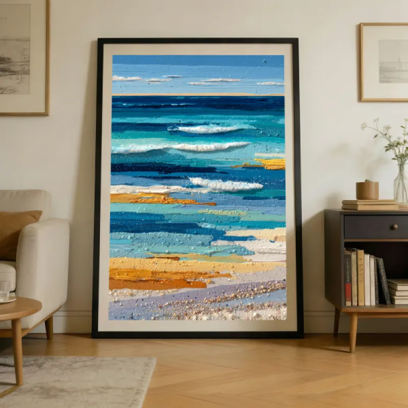 Textured painting of a coastline with layered blues, turquoise, gold tones and white foamy waves.